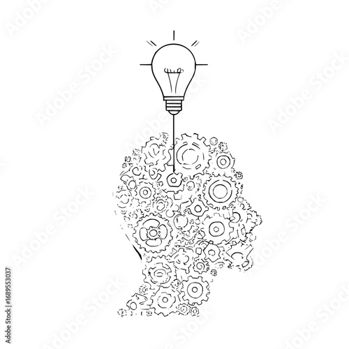 Illustration of a head outline formed by gears with a lightbulb above it symbolizing an idea concept
