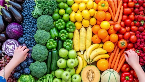 Colorful array of fruits and vegetables arranged in a spectrum order