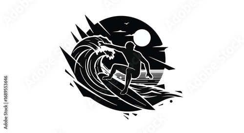 Silhouette of a surfer riding a large wave at sunset, capturing the thrill of ocean sport.