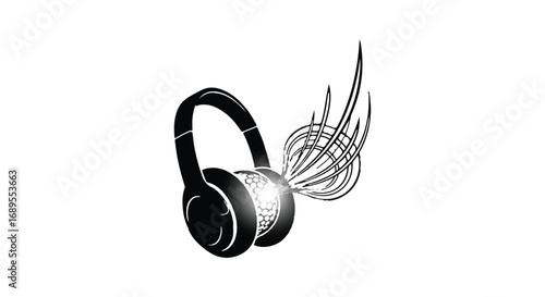 Headphones with abstract sound waves emanating, symbolizing music or audio.