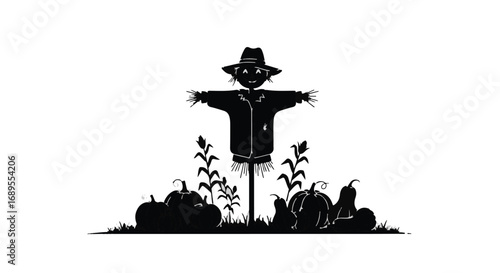Whimsical scarecrow stands guard over a bountiful harvest of pumpkins and gourds