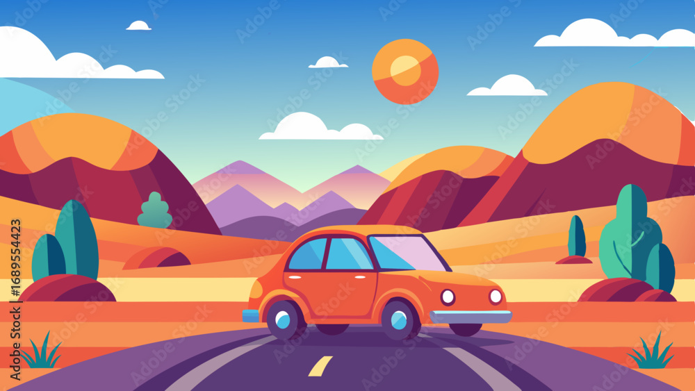 Naklejka premium landscape with a cute car on the road vector background