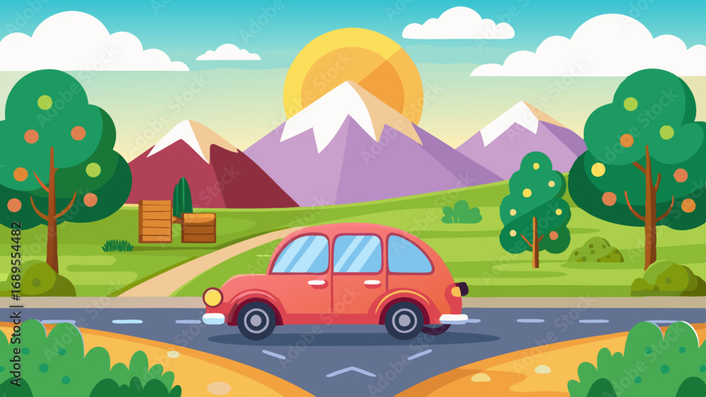 Fototapeta premium landscape with a cute car on the road vector background