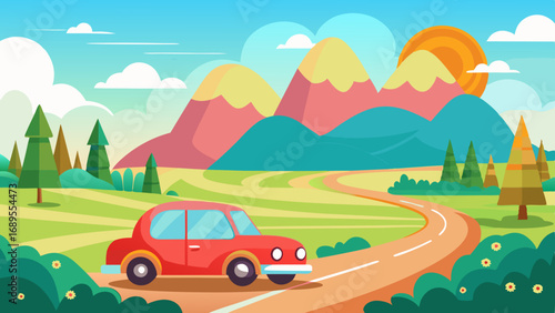 landscape with a cute car on the road vector background