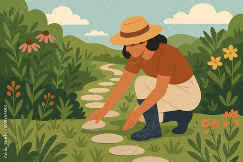 Gardener Laying Stepping Stones – Vector for Landscaping & Garden Path