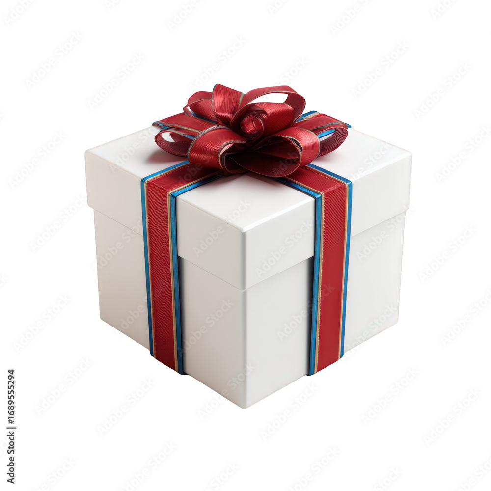 Fototapeta premium Elegant White Gift Box with Red Satin Ribbon and Bow Perfect for Any Celebration or Special Occasion