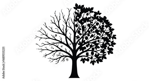 Tree symbolizing the cycle of seasons, showing bare branches transitioning to lush foliage and fruit.