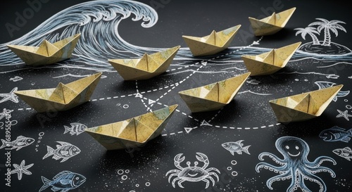 Paper Ships Navigating a Chalkboard Ocean with Tropical Island Dreams