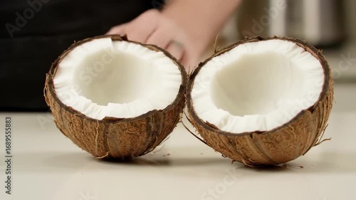 Opened coconut halves close up