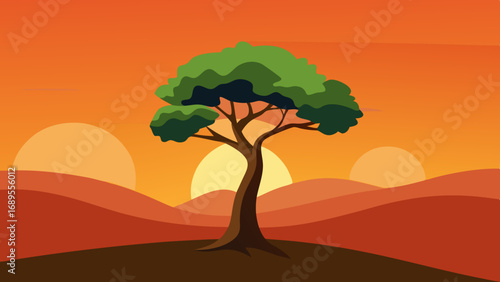 lone tree against an orange sky vector illustration