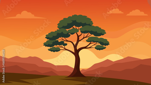 lone tree against an orange sky vector illustration