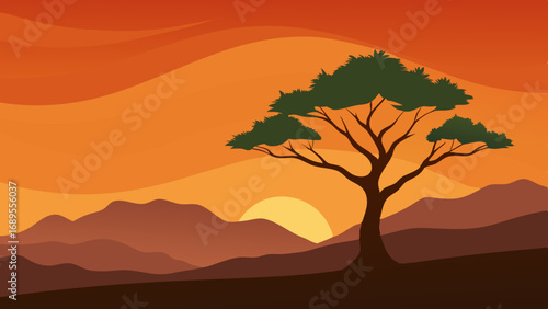 lone tree against an orange sky vector illustration