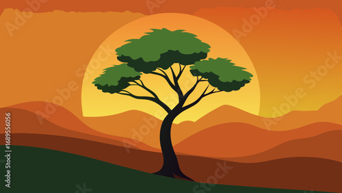 lone tree against an orange sky vector illustration