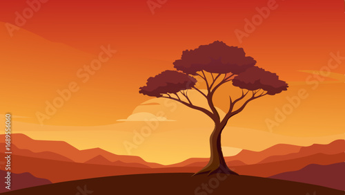 lone tree against an orange sky vector illustration