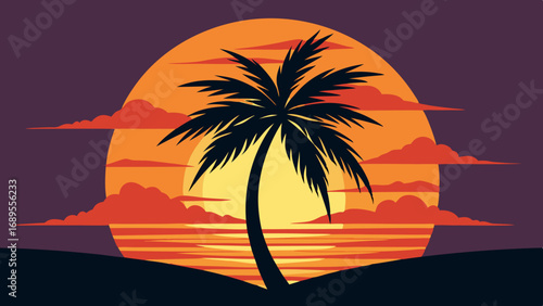 silhouette of palm tree with sunset vector