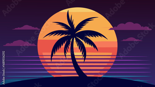 silhouette of palm tree with sunset vector