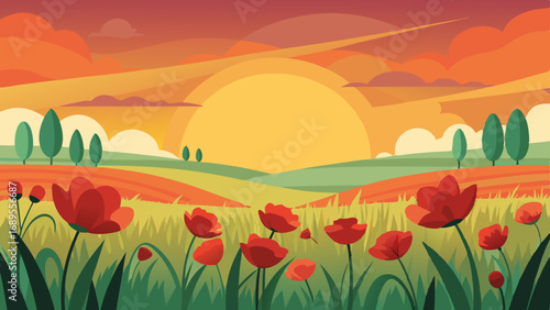 sunset over a field of poppies painting the lands