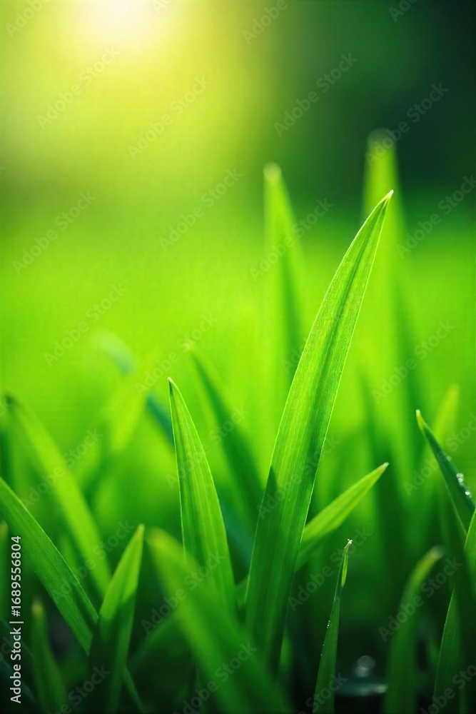 Obraz premium Close-up shot of vibrant green grass blades gently swaying in the breeze, sunlight illuminating dew drops A tranquil scene evoking freshness and renewal , growth, sunlight