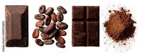 Dark chocolate, cacao beans, and cocoa powder