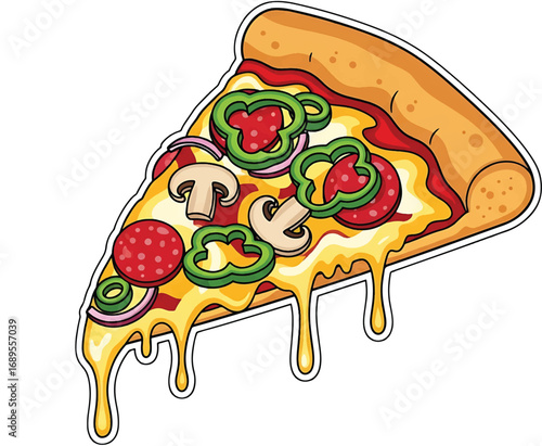 A colorful and appetizing cartoon illustration of a single supreme pizza slice with melted cheese and fresh vegetable toppings