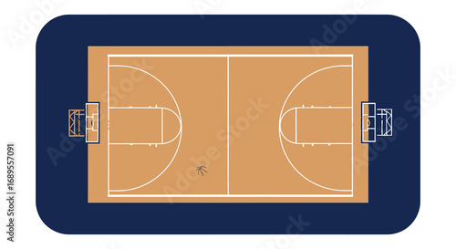 aerial view of basketball court with wooden floor and blue borders