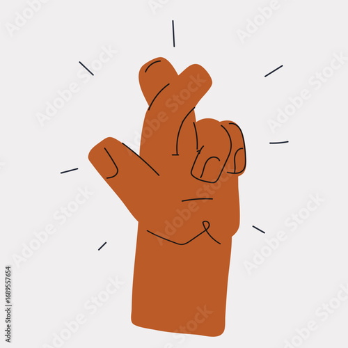 Cartoon vector illustration of a hand with crossed fingers, symbolizing secrecy, hidden intention, and unspoken promise