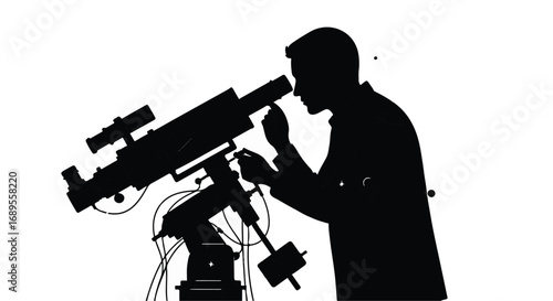 Silhouette of a person looking through a telescope at night, exploring the cosmos.