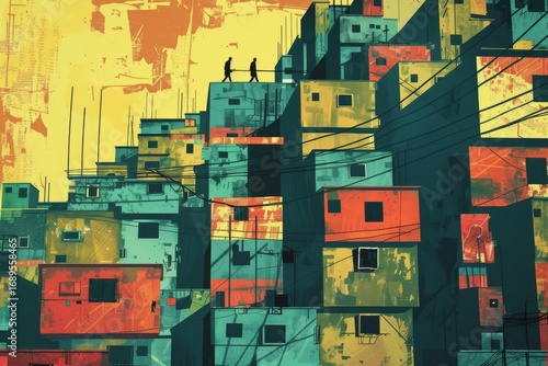 Colorful urban favela silhouette with two figures at sunset
