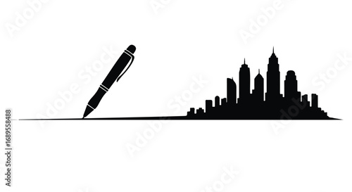 Pen drawing a city skyline, symbolizing creativity and urban development