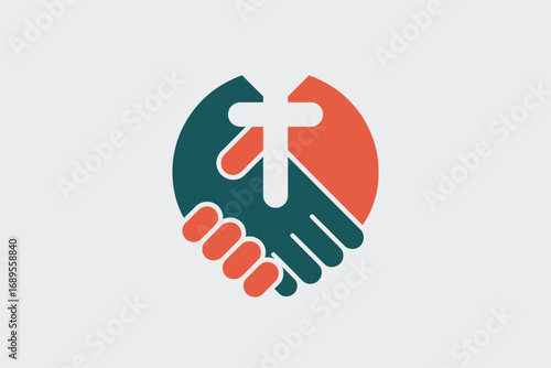 Illustration of two hands shaking forming a circle with a t in the middle on a light gray background