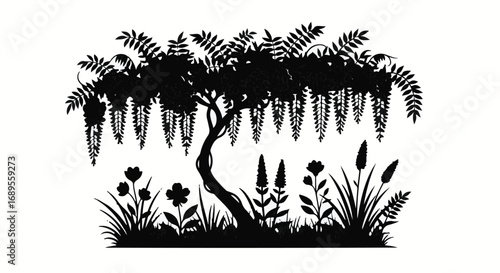 Enchanting silhouette of a blooming wisteria tree with delicate flowers and lush foliage in a garden setting.