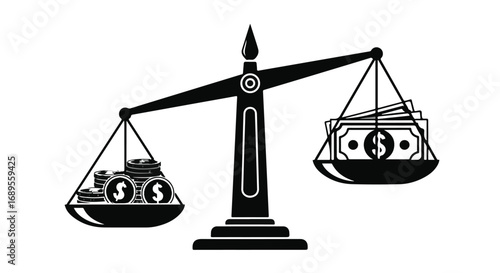 Balanced scales weigh coins against banknotes, symbolizing financial equilibrium and value comparison.