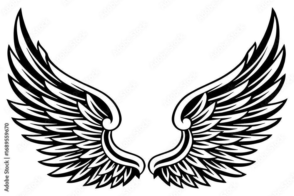 Fototapeta premium Vector Angel Wings Illustration – Symmetrical Feathered Wing Design for Tattoos and Logos