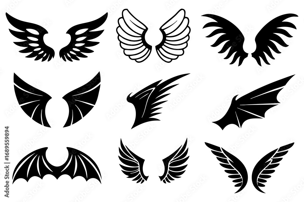 Obraz premium Angel and Bat Wing Silhouette Vector Set – Gothic, Fantasy, and Tattoo Designs
