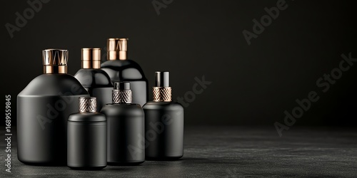 Elegant black perfume bottles with copper caps, set against a dark minimalistic background, exuding luxury and style.