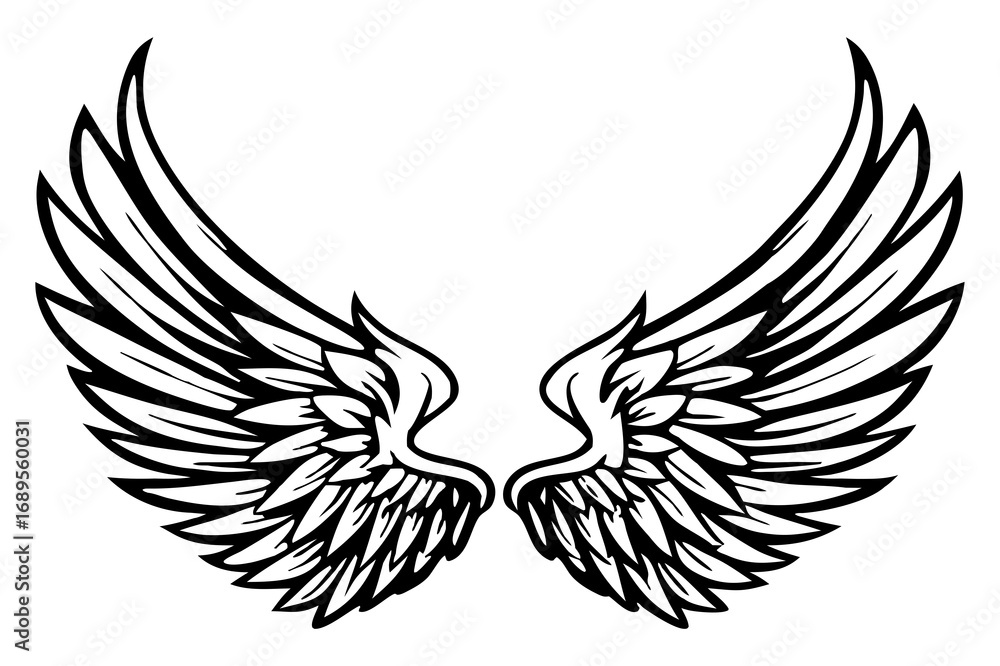 Fototapeta premium Angel Wings Vector Illustration – Detailed Feathered Wing Design for Tattoos and Logos
