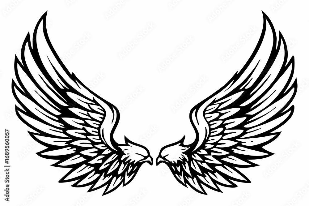 Fototapeta premium Angel Wings Vector Illustration – Detailed Feathered Wing Design for Tattoos and Logos