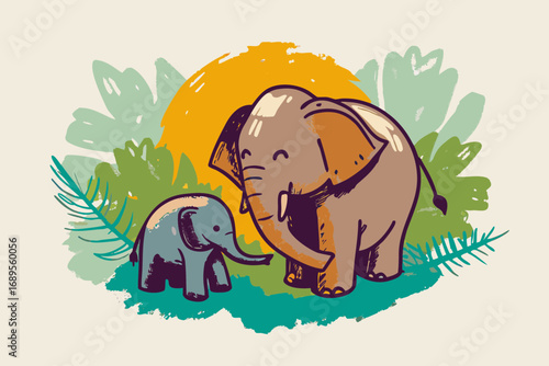 Baby elephant reaching trunk to mother, she hugs him with her trunk, sunlight through leaves.