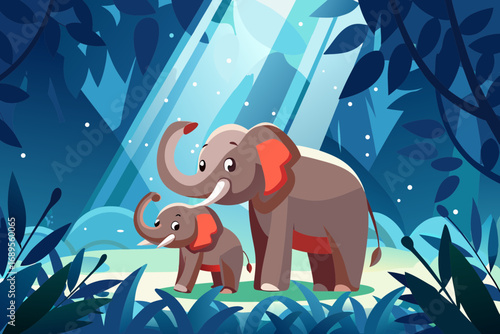 Baby elephant reaching trunk to mother, she hugs him with her trunk, sunlight through leaves