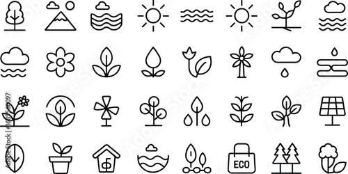 Minimalist nature and eco-friendly line icons featuring trees, mountains, sun, water, flowers, plants, solar panel, windmill, and sustainable environment symbols