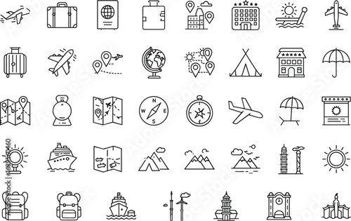 Travel and tourism icon set including airplane, suitcase, passport, hotel, map, compass, cruise ship, mountains, backpack, sun, umbrella, landmarks, and navigation icons
