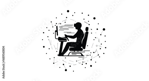 Silhouette of person working on computer surrounded by abstract digital network connections