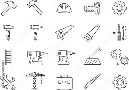 Collection of construction and repair line icons including hammer, wrench, drill, saw, screwdriver, helmet, crane, ladder, toolbox, gears, knife, building equipment