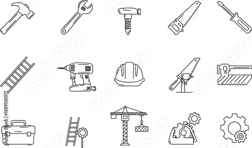 Collection of construction and repair line icons including hammer, wrench, drill, saw, screwdriver, helmet, ladder, crane, toolbox, gears, engineering equipment set