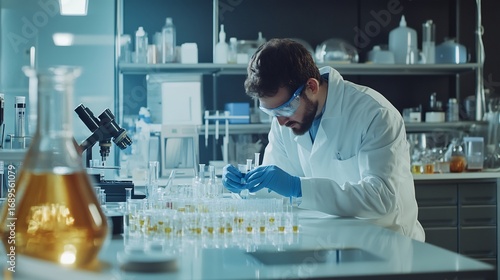 Chemistry food science lab scientist testing food additives and composition modern kitchen research setup health and science