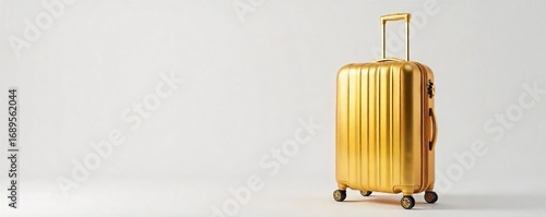 Gleaming golden luggage sits on a pristine white background, ready for a luxurious journey Perfect for travel, luxury, wealth, and holiday themes , reflection, modern, contemporary