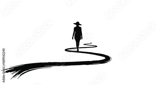 Solitary woman in hat walks a winding path, symbolizing journey and discovery.