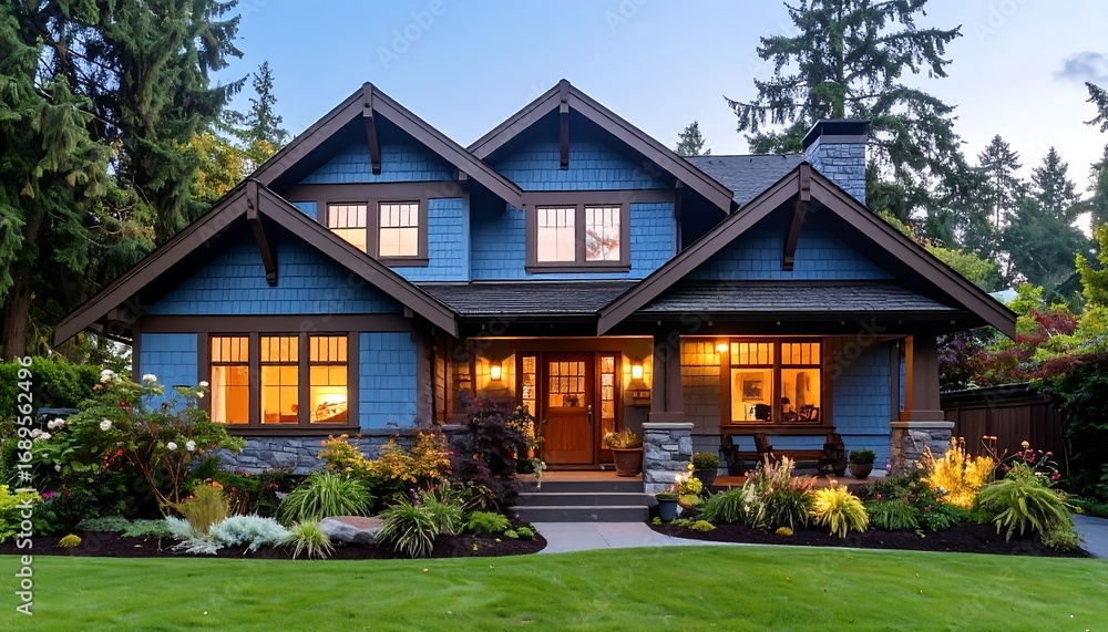 Obraz premium A two-story, blue house with dark brown trim glows softly against the twilight sky. Lush greenery surrounds the home, nestled among tall trees
