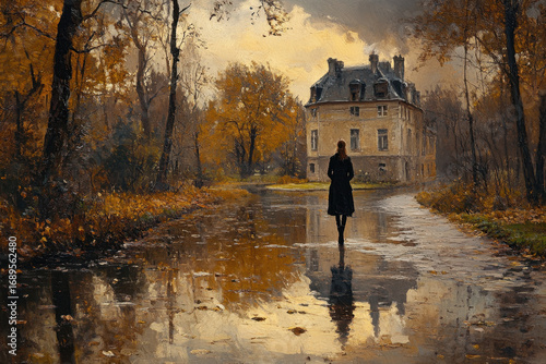 Person walking in rain down path in painting.