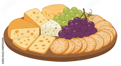 Cheese and Grapes Platter with Crackers on Wooden Board Illustration.